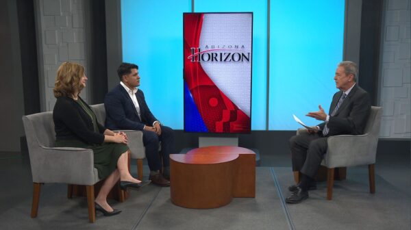 Becky Bell Ballard, CEO of Rosie's House, and Ivan Martinez Morales, a Rosie's House alum, with Ted Simons on the set of Arizona Horizon