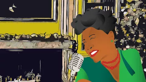 An illustration of Ella Fitzgerald wearing a green dress sincing into a microphone in front of a Christmas tree and a fireplace