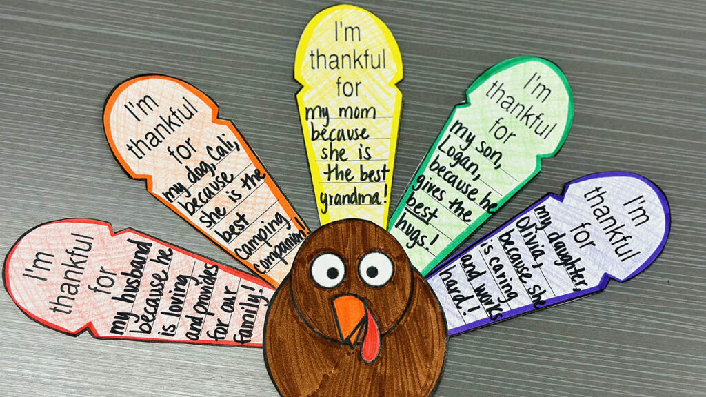 A thankful turkey craft lets a child write things they are thankful for on each feather.
