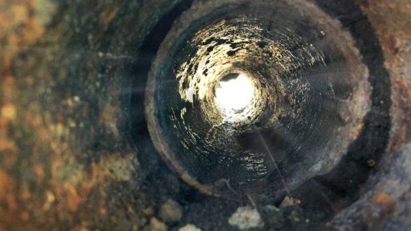 A view down a pipe with poisoned water streaming through it
