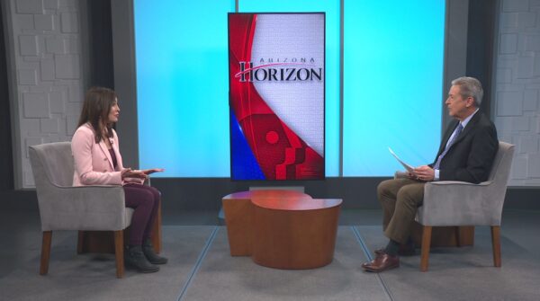 Diana Diaz-Harrison sitting across Arizona PBS Horizon Host Ted SImons