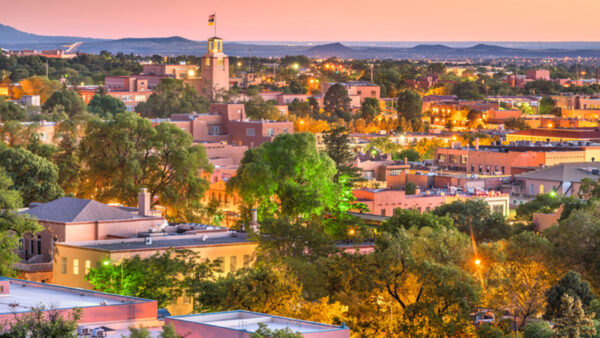 View of Santa Fe, New Mexico, at dusk