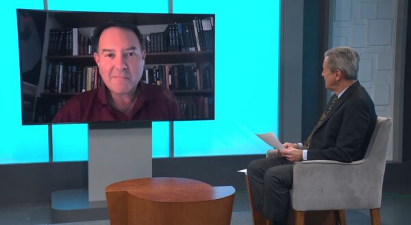 ASU Ph.D Professor, Jim Bell sitting across Arizona PBS Horizon Host Ted SImons
