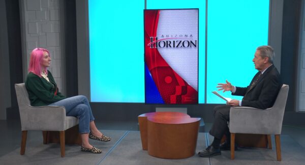 Nora McInerny, author sitting across Arizona PBS Horizon Host Ted SImons