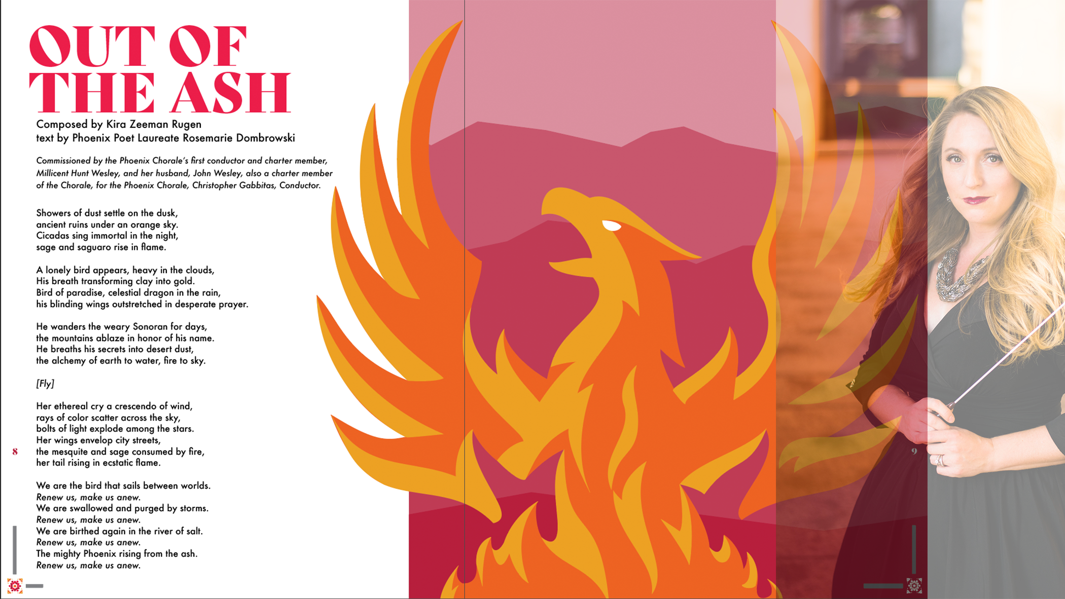 program booklet titled "Out of the Ash" with the text of the work beneath it. There is a large orange phoenix in the middle, and a picture of Kira Rugen holding a baton on the right side