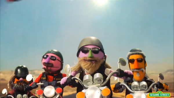 Sesame Street muppets on motorcycles