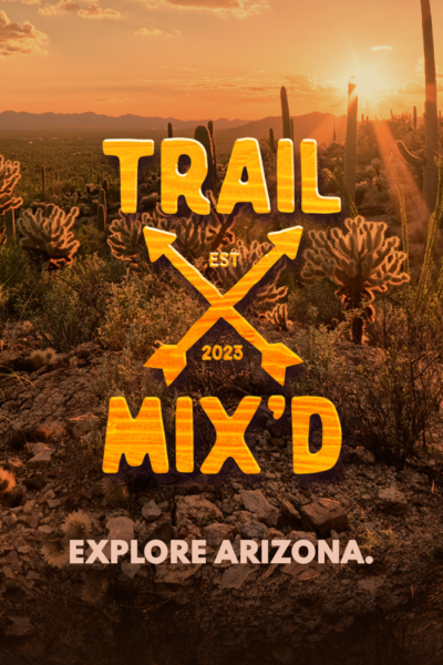 A picture of the desert with a logo for the digital-first series Trail Mix'd from Arizona PBS