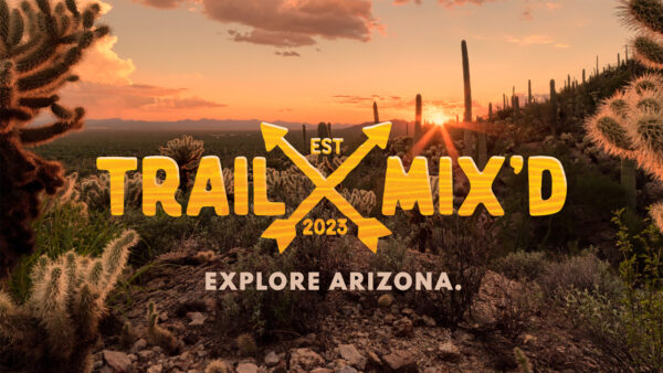 A picture of the desert with a logo for the digital-first series Trail Mix'd from Arizona PBS