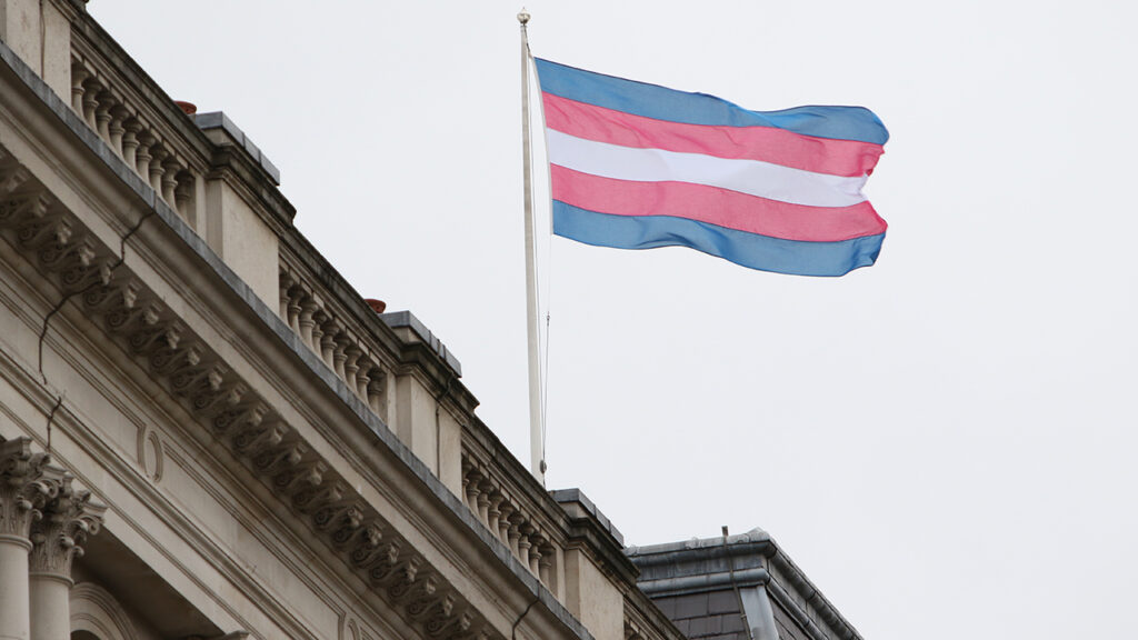 trans pride flag flying over a building.