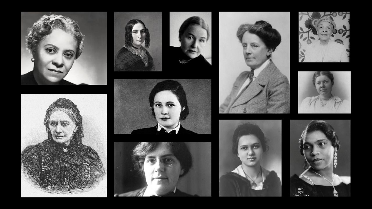 Photo collage of Florence Price, Clara Schumann, Fanny Hensel, Rebecca Clarke, Ethel Smythe, Nora Holt, Amy Beach, Marian Anderson, Ruth Crawford Seeger, Nadia Boulanger, and Viteslava Kapralova