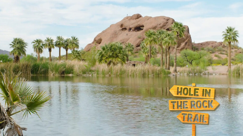 A view of Papago Park from across the lake