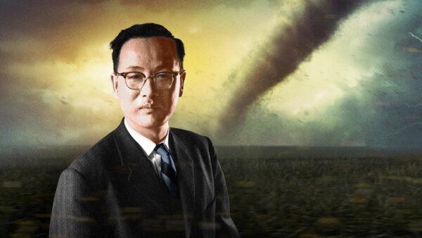 Ted Fujita stands near a tornado