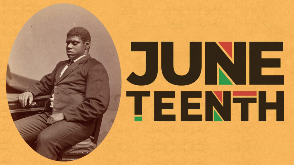 Juneteenth graphic with Blind Tom Wiggins seated