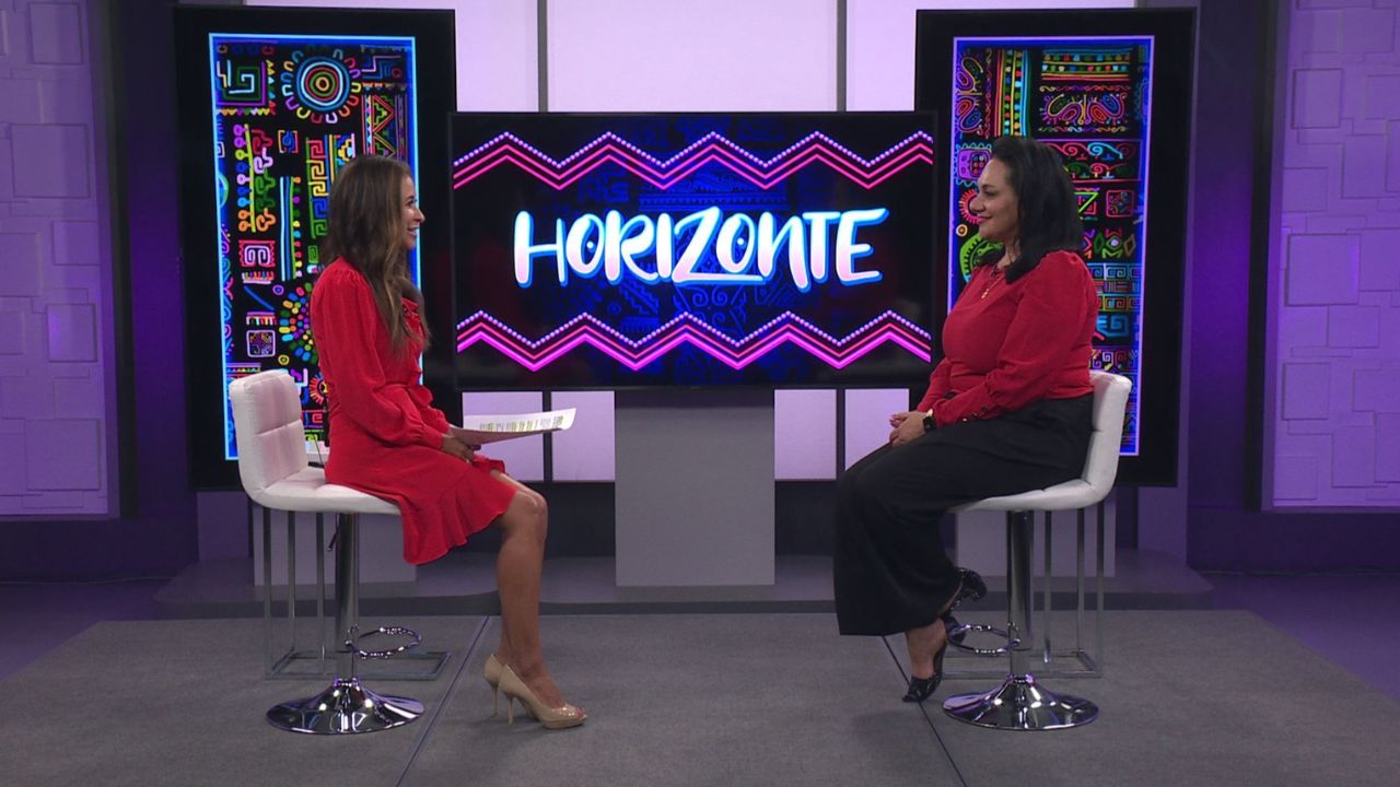 Catherine Anaya interviews a guest on the set of Horizonte