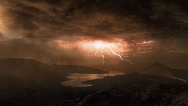 Lightning arches down toward the earth in a photo from Ancient Earth: Birth of the Sky