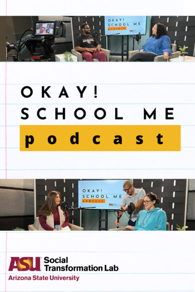The Okay! School Me podcast poster with images from live recordings