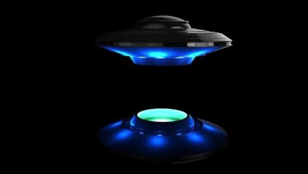 an illustration of a ufo with glowing, neon lights