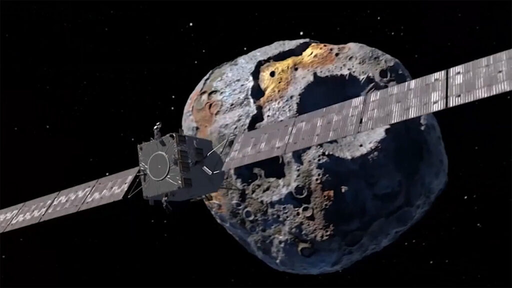 An illustration of the Psyche spacecraft approaching the asteroid