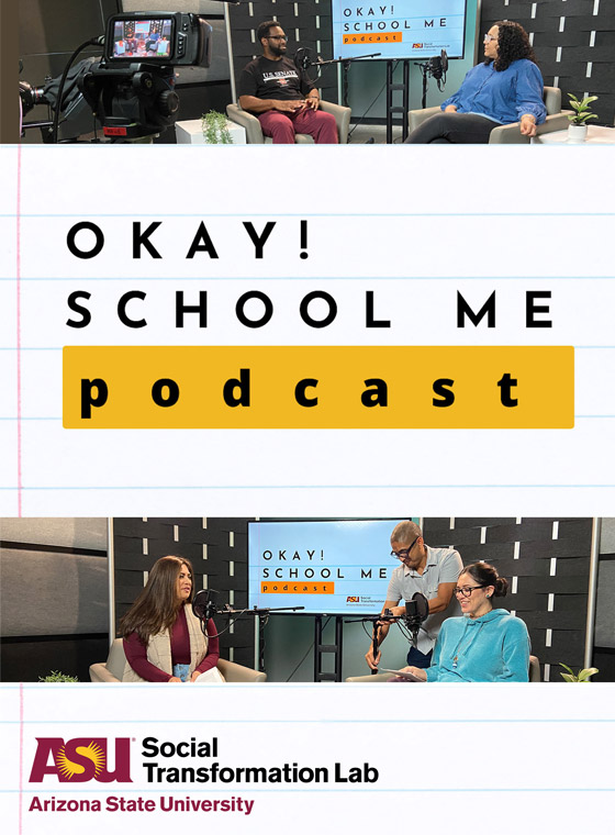 The Okay! School Me podcast poster with images from live recordings