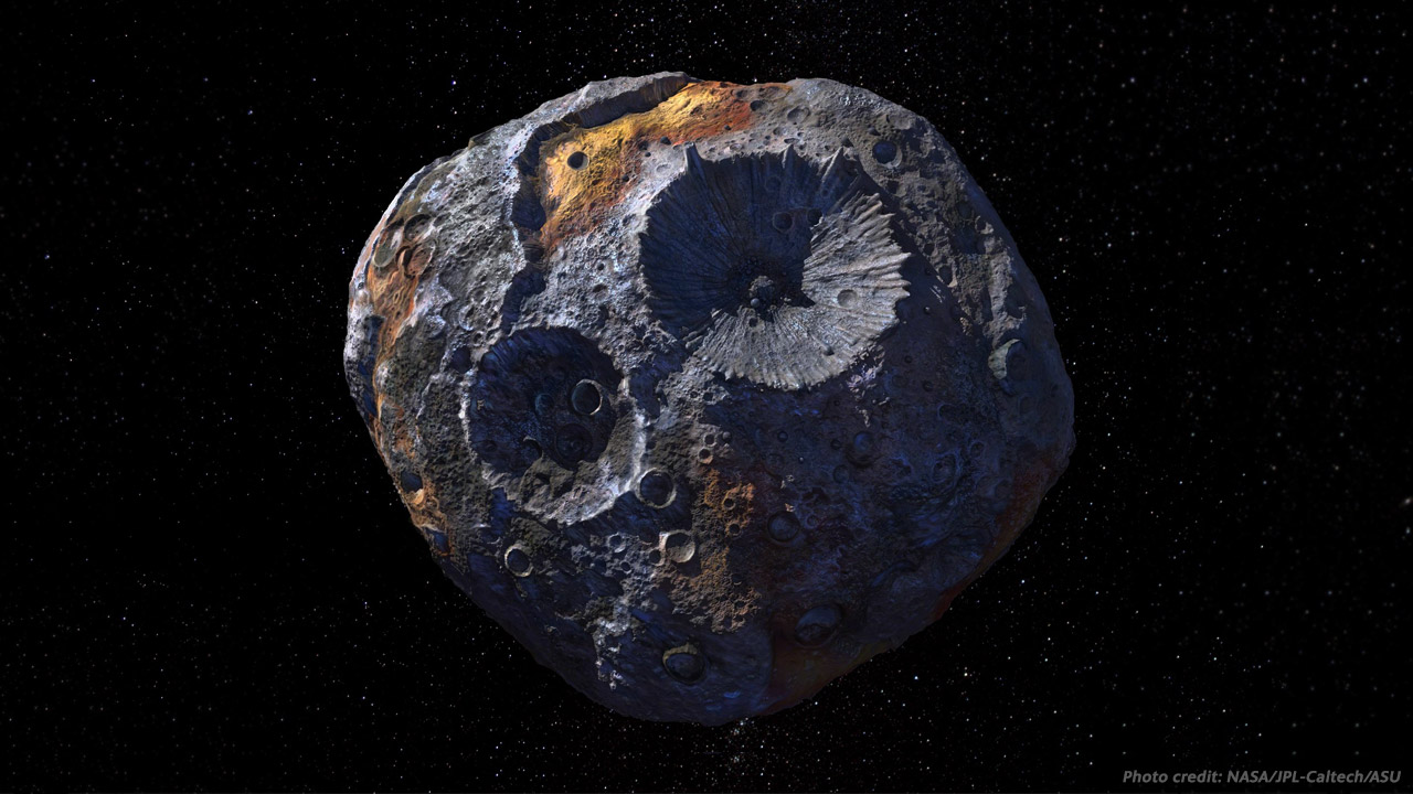 An illustration of the Psyche asteroid