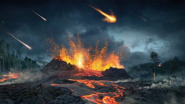 A volcano erupts with meteorites thundering down onto an ancient Earth