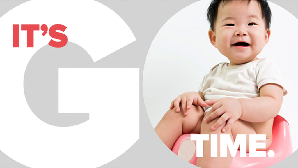A young child sits on a potty with text reading: It's go time