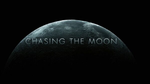 chasing the moon graphic with the title and a photo of the moon on a dark background