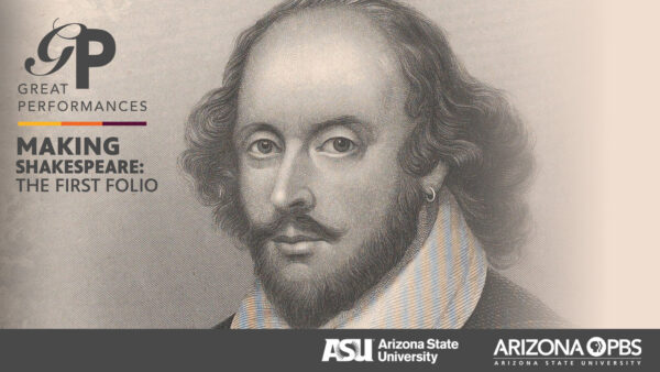 An illustration of William Shakespeare with text reading: Great Performances: Making Shakespeare: The First Folio