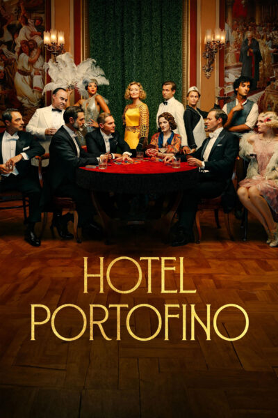 Poster for the show Hotel Portofino with its logo and the cast of characters in a hotel dining room