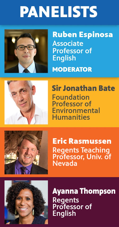List of panelists for advanced screening of "Making Shakespeare: The First Folio:" Ruben Espinosa, Sir Jonathan Bate, Eric Rasmussen and Ayanna Thompson