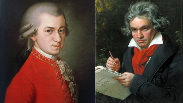 Mozart in a red coat on the left with Beethoven in a red scarf on the right
