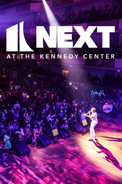 Poster for Next at the Kennedy Center with a singer performing on stage in front of packed house