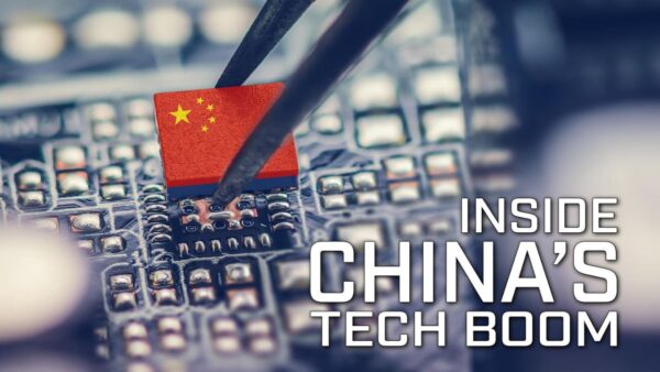 A tech chip being placed on a mother board with text reading: Inside China's Tech Boom