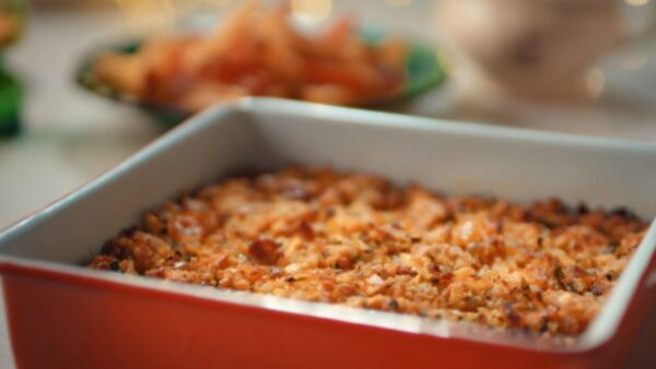 Christmas Apricot and Chestnut Stuffing in a red dish