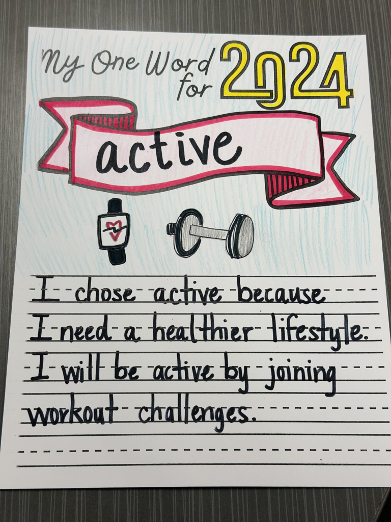 An example from the One Word activity with text reading: My one word for 2024: active