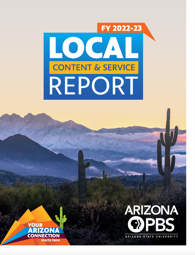 The cover of the FY 2022-23 CPB Local Content and Service Report showing a misty Arizona landscape with cactus and mountains