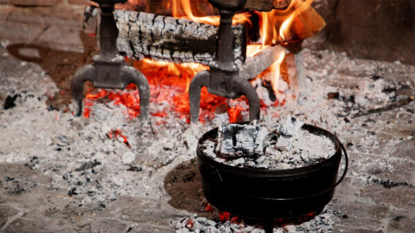 A bowl of food sits in front of a roaring fire