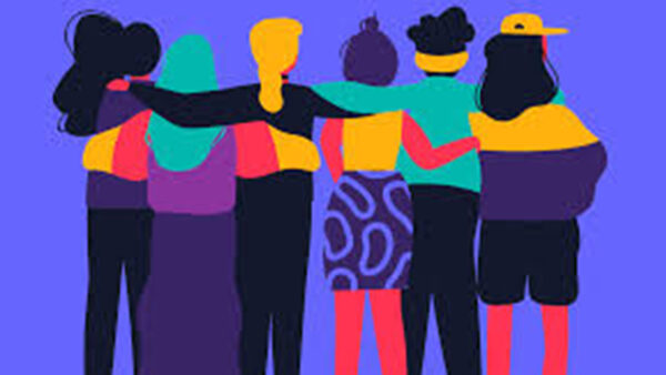 An illustration of six women from behind, standing in a row next to each other arm in arm