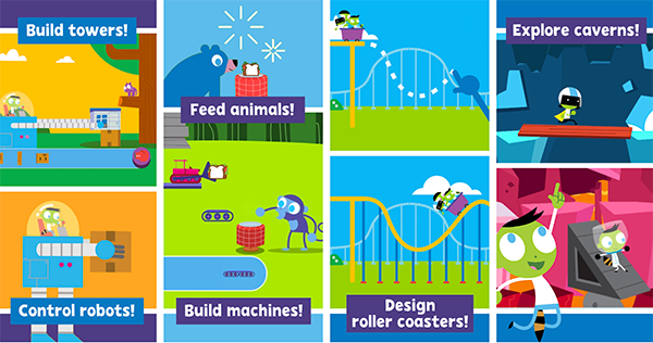A colorful illustration for children with text reading: Build towers, feed animals, explore caverns, control robots, build machines, and design roller coasters