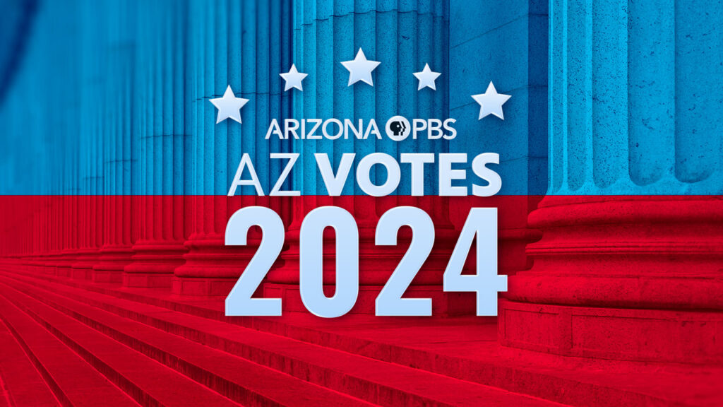 Illustration of columns of a capitol building with text reading: Arizona PBS AZ Votes 2024