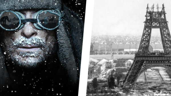 A collage of a man in snow gear and the construction of the Eiffel Tower (NOVA)