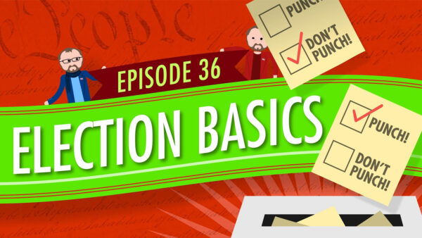 An illustration of a voting box with ballets in it and text reading: Episode 36 Election Basics