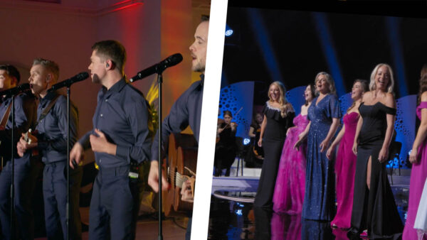 A collage from a performance from Celtic Thunder and the Celtic Woman