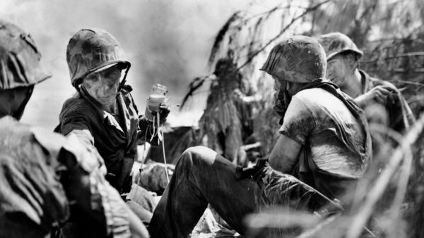 A black and white photo of group of soldiers