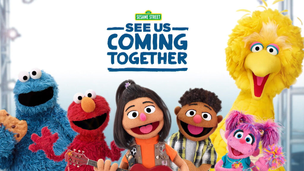 Alan, Elmo, Abby Cadabby, and Tamir are preparing for a “Neighbor Day” festival with a new friend named Ji-Young