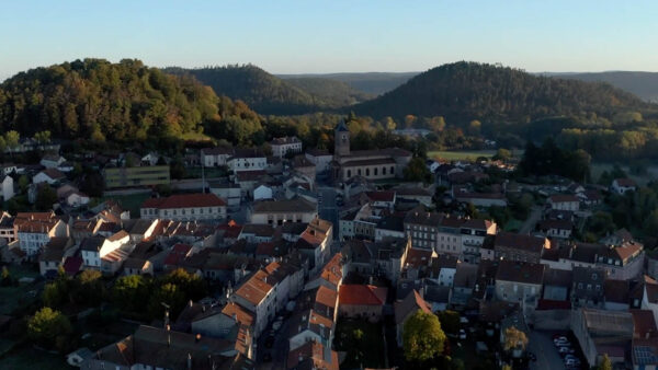 A village surrounded by the Vosges Mountains in France