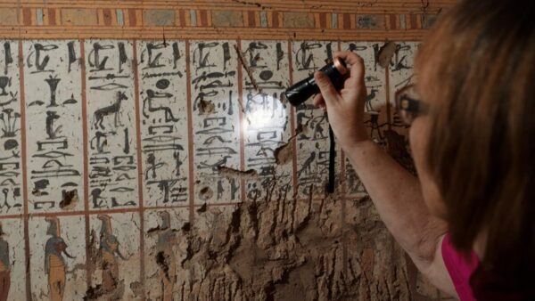 An archaeologist examining hieroglyphics