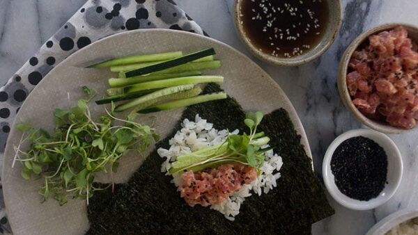 Spicy tuna roll making ingredients