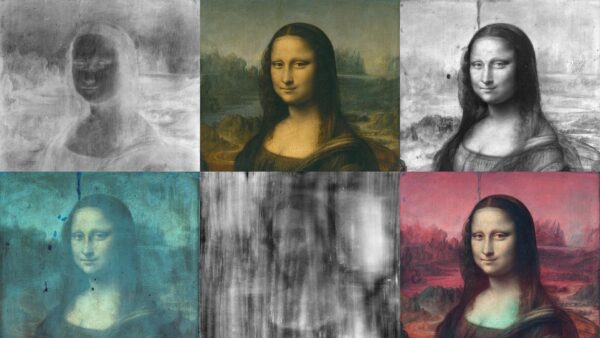 A collage of different styles of the Mona Lisa by Da Vinci