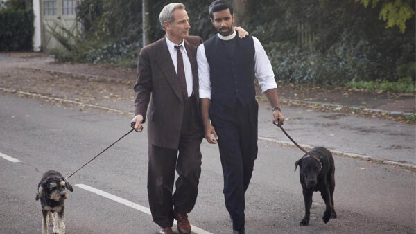 Two characters from Grantchester walking their dogs